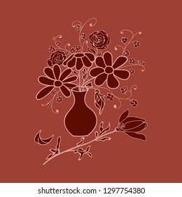 Bouquet of wild flowers in a vase. Chamomile in a jug. Flower arrangement. The figure can be used in a greeting card. Hand-drawn color vector illustration.