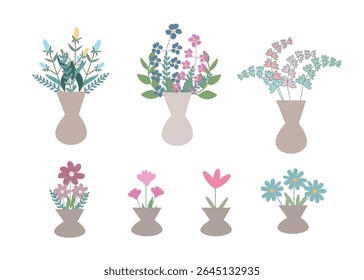 Bouquet of wild flowers in a vase set vector illustrationCollection of flower bouquets isolated on white background in pastel colors
