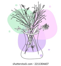 Bouquet of wild flowers in vase. Sketch in retro black outline style on white background with colored blobs. Outline style vector illustration.