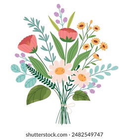 A bouquet of wild flowers.Floral arrangement with field blossoms, gentle beautiful blooms tied with string.Flat vector illustration isolated on white background