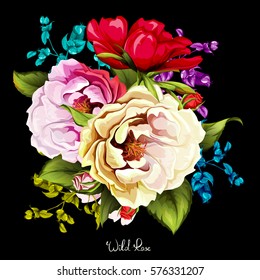 Bouquet of wild roses with leaves on black. Vintage style. Hand drawn. Vector - stock.