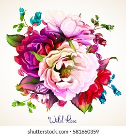 Bouquet of wild roses with leaves on white. Vintage style. Handdrawn. Vector - stock.