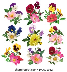  bouquet of wild roses and multicolored pansy