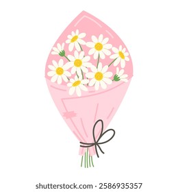Bouquet of wild white daisies in pink wrapping for Women's Day, romantic flowers