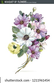 Bouquet wildflower aster in watercolor style  isolated white  Vector garden cosmos bipinnatus flowers  Realistic illustration for congratulation design