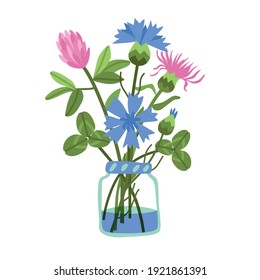 A bouquet of wildflowers in a bank. Vector illustration for mother's day and father's day greeting card, stickers, poster