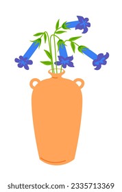 Bouquet with wildflowers and blooming petals and plants in vase. Isolated florist composition with vegetation of spring and summer. Home decoration and adornment foe house. Vector in flat style