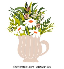 Bouquet with Wildflowers, Camomiles, Clover in Vase. Spring Blossom. Vector illustration