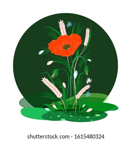 Bouquet of wildflowers, ears, red poppy, buds, leaves, abstract green spots - round icon, isolated on white background - vector. Spring design