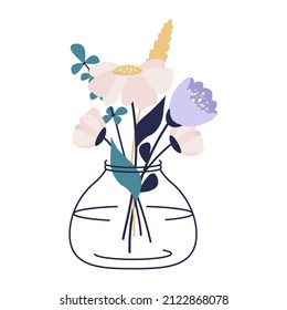 Bouquet of wildflowers and garden flowers in vase isolated. Beautiful blooms, herbal plants, meadow flowers. Floristic template for card, posters, Women's Day, Mother's Day. Vector flat illustration
