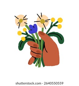 Bouquet of wildflowers in hand. Person holds a posy with bluebell, dandelion flowers, leaves. Floral gift, bunch of blooming meadow plants. Flat isolated vector illustration on white background