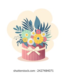 A bouquet of wildflowers in a hat box. A concept for a holiday, wedding, birthday, Mother s Day, Valentines DAY. Vector illustration on white background.