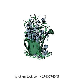 Bouquet of wildflowers in an iron watering can. Capacity for watering the garden. Flower composition. 