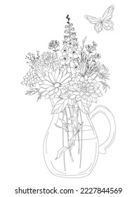Bouquet of wildflowers in a jug vector linear illustration for wallpaper, pattern filling, surface textures. Hand-painted vintage bouquet of spring flowers in a jug.