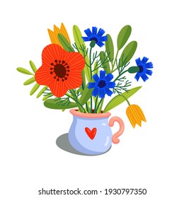 Un ramo de flores silvestres en una taza. Ilustración vectorial de doodle con amapolas, flores de maíz, tulipanes, hierbas para el logo, postal, invitación al Día de la Madre, Día de San Valentín, Día Internacional de la Mujer