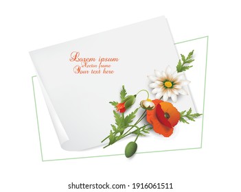 Bouquet of wildflowers on a sheet of paper with a place for an inscription on a white background. Vector design of greeting card happy birthday, wedding, anniversary, invitation, greeting, other. 