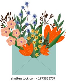 A bouquet of wildflowers in a postal envelope. Floral bouquet - vector graphics. For congratulations, invitations, flyers, prints and postcards on various holidays.