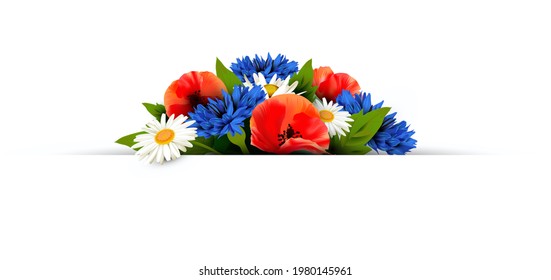 Bouquet of wildflowers with red poppies, daisies and cornflowers  behind a banner