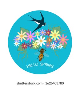 Bouquet of wildflowers, swallow, bee - round icon - isolated on white background - vector. Hello spring