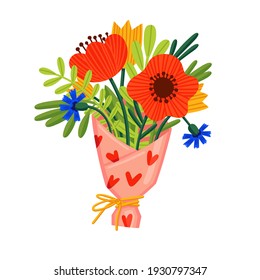 A bouquet of wildflowers. Vector doodle illustration with poppies, cornflowers, tulips in beautiful wrapping paper for a postcard, invitation, card for mother's day, Valentine's day, international wom