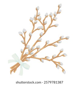 bouquet of willow branches tied with a white ribbon and a bow