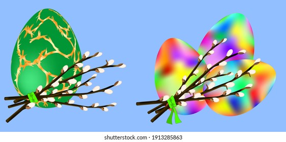 a bouquet of willow twigs with colorful eggs for the Easter holiday