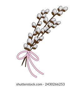 Bouquet of Willow twigs. Easter pussy willow. Vector spring holiday illustration in cartoon flat style isolated on a white background.