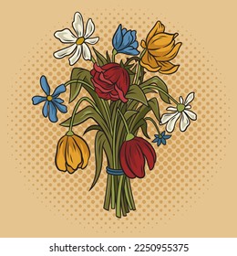 bouquet of withered wilted flowers pinup pop art retro vector illustration. Comic book style imitation.