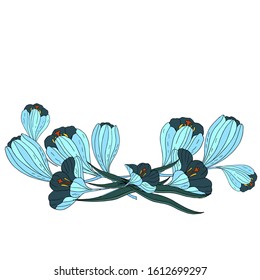 Bouquet, wreath of blue crocuses. Vector illustration.