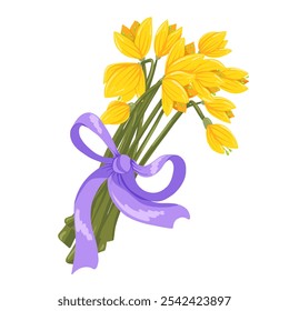 Bouquet of yellow crocuses with purple ribbon. Vector hand drawn illustration isolated on white background. Cute print design for greeting card, packaging
