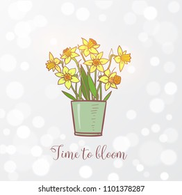 Bouquet of yellow daffodiles on white glowing background