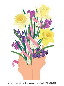 Bouquet of yellow daffodils, white, pink, purple hyacinths and pink ribbons. Greeting card for Mother's Day, Women's Day, March 8. Vector spring bouquet in hands, gift for parents.