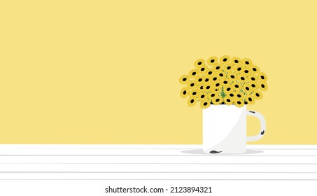 Bouquet of yellow daisies in an enameled white mug