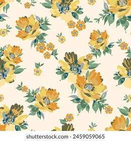 Bouquet of yellow flowers on a beige background. Seamless floral pattern design.