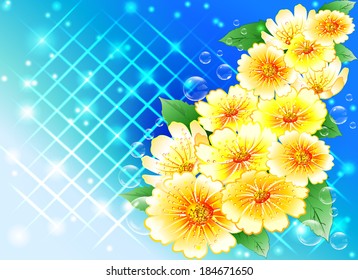 bouquet of yellow flowers on a blue abstract background beautiful