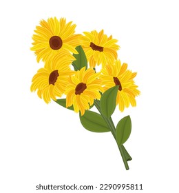 Bouquet de flores amarillas para postal, felicitaciones, invitación, banner Ilustración vectorial de stock. Aislado sobre fondo blanco. Girasol, doronicum, adonis, rudbeckia, gerbera, arnica