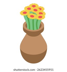 Bouquet of yellow flowers with red middle standing in a clay vase isometric illustration
