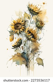 Bouquet of yellow flowers, sunflowers on an isolated white background, watercolor painting, hand drawing. vector illustration