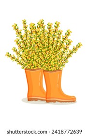 Bouquet of yellow forsythia flowers in orange rain boots. Spring composition for women's day, mother's day, easter and other holidays. Spring floral design isolated vector illustration.