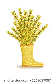 Bouquet of yellow forsythia flowers in yellow rain boots. Spring composition for women's day, mother's day, easter and other holidays. Spring floral design isolated vector illustration.