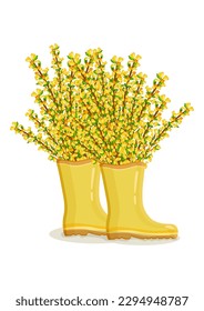 Bouquet of yellow forsythia flowers in yellow rain boots. Spring composition for women's day, mother's day, easter and other holidays. Spring floral design isolated vector illustration.