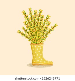 Bouquet of yellow forsythia flowers in yellow rain boots. Spring composition for women's day, mother's day, easter and other holidays. Spring floral design isolated vector illustration.