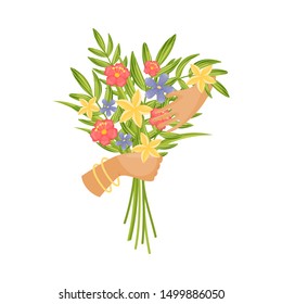 Bouquet of yellow, red and blue flowers with green leaves. Vector illustration on a white background.