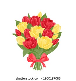 Bouquet of yellow and red tulips isolated on white background. Beautiful spring flowers with a bow. Vector festive illustration in cartoon flat style.