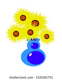 Bouquet of yellow sunflowers in a blue vase. White background. Vector graphics.