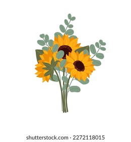 Bouquet of yellow sunflowers and eucalyptus on a white background. Summer bouquet. Bouquet for mother's day