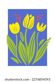 Bouquet of yellow tulips card template with in the Matisse style. Vector flat illustration for postcard, invitation, cover, banner design.