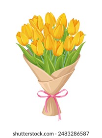 Bouquet of yellow tulips. A floral bouquet in a paper wrapper with a pink ribbon. Yellow flowers for the holiday. Vector illustration.