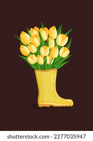 Bouquet of yellow tulips flowers in rubber boot. Spring composition for women's day, easter and other holidays. Floral design isolated vector illustration for postcard, poster and other