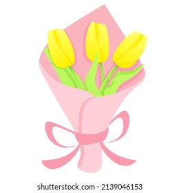 Bouquet of yellow tulips in a pink package and with a ribbon